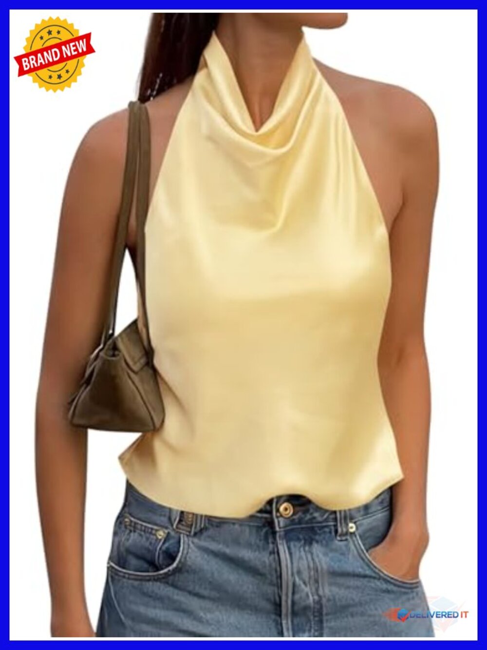 Women Satin Halter Tank Top Mock Neck Backless Cami Party Top